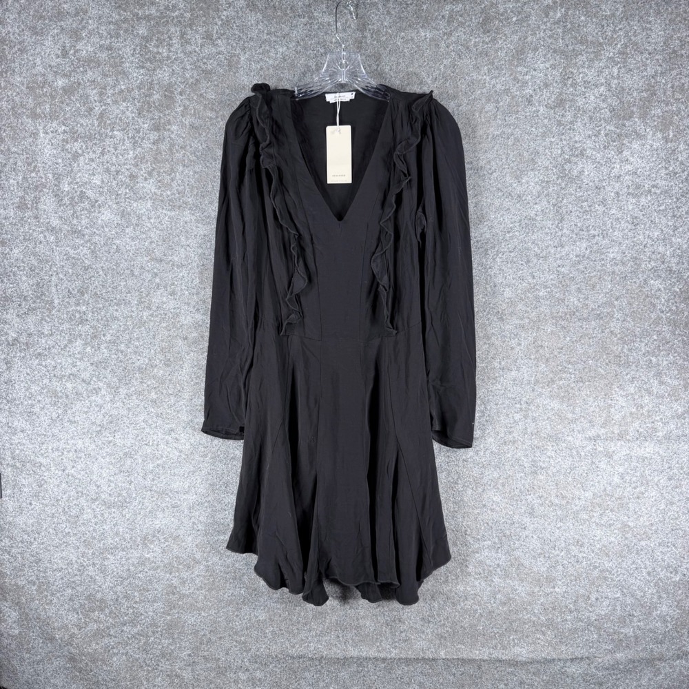 Reserved Women's M Black Ruffle V-Neck Long Sleeve High Low Mini Dress NWT